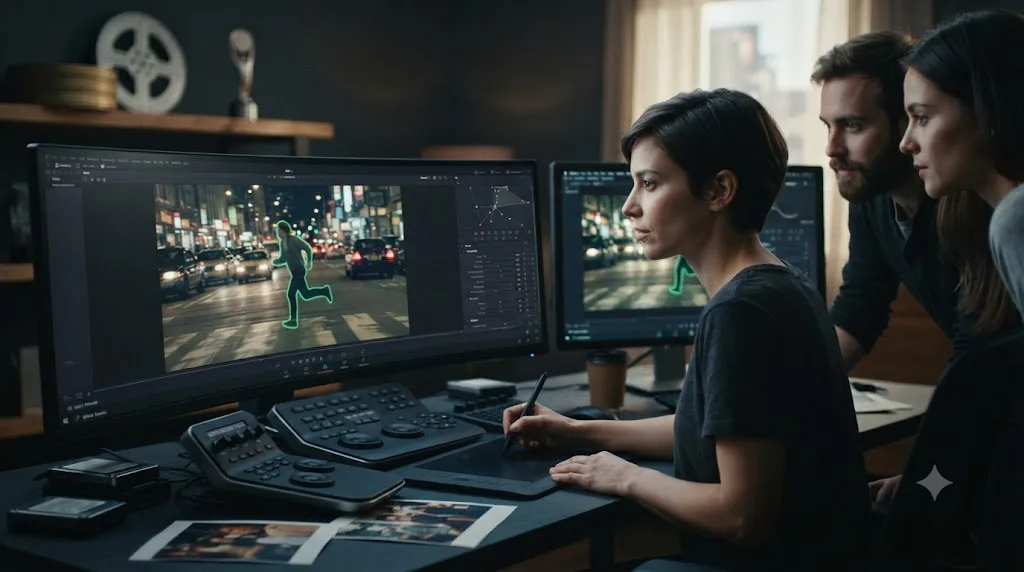 Illustration of a small VFX team using an AI rotoscoping tool on a real film production