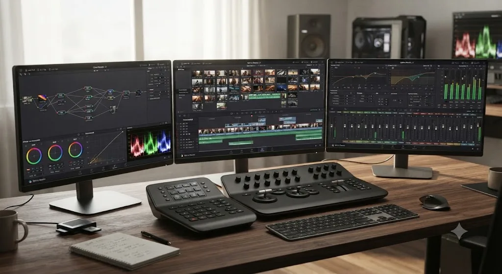 Illustration of DaVinci Resolve's Edit, Color, and Fairlight pages working together on a real multi-clip project