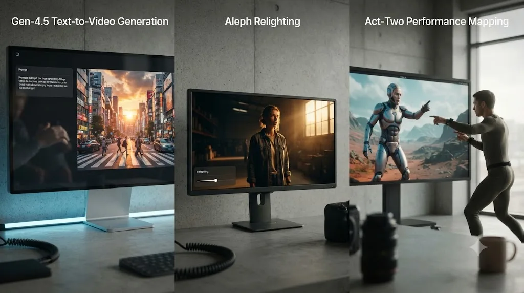 Illustration of three Runway tools: text-to-video generation, video editing with a text instruction, and performance capture mapped onto a character