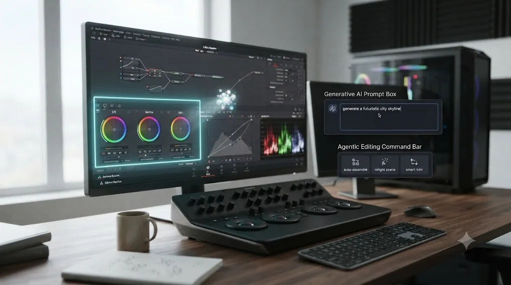 Illustration of a DaVinci Resolve on-screen assistant pointing at a control, shown separately from a generative AI prompt box and an agentic editing tool