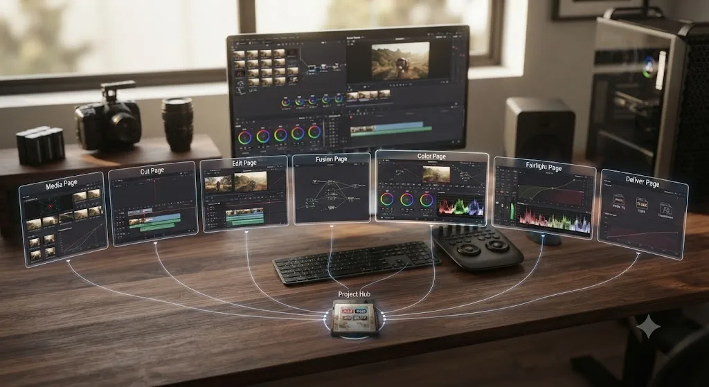 Illustration of DaVinci Resolve's page-based structure built around editing real camera footage