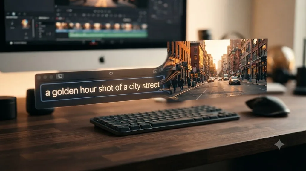 Illustration of a text prompt transforming into a short cinematic AI-generated video clip