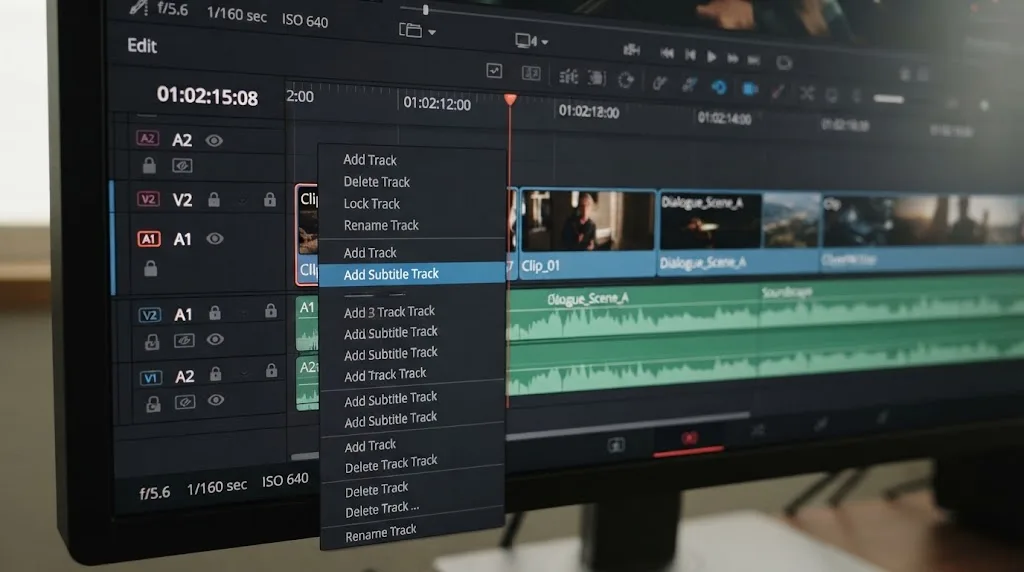 Illustration of a right-click menu in DaVinci Resolve with the Add Subtitle Track option highlighted