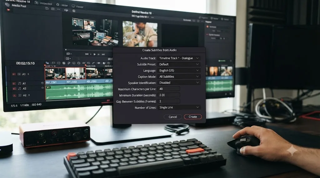 Illustration of the Create Subtitles from Audio dialog box in DaVinci Resolve with language and formatting options