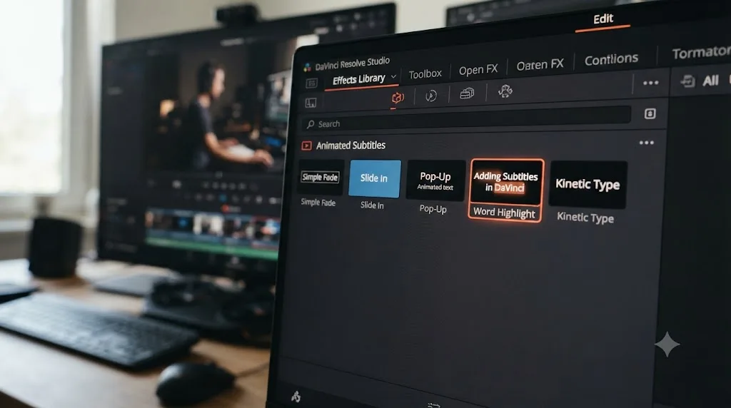 Illustration of five animated subtitle template icons in DaVinci Resolve's Effects panel
