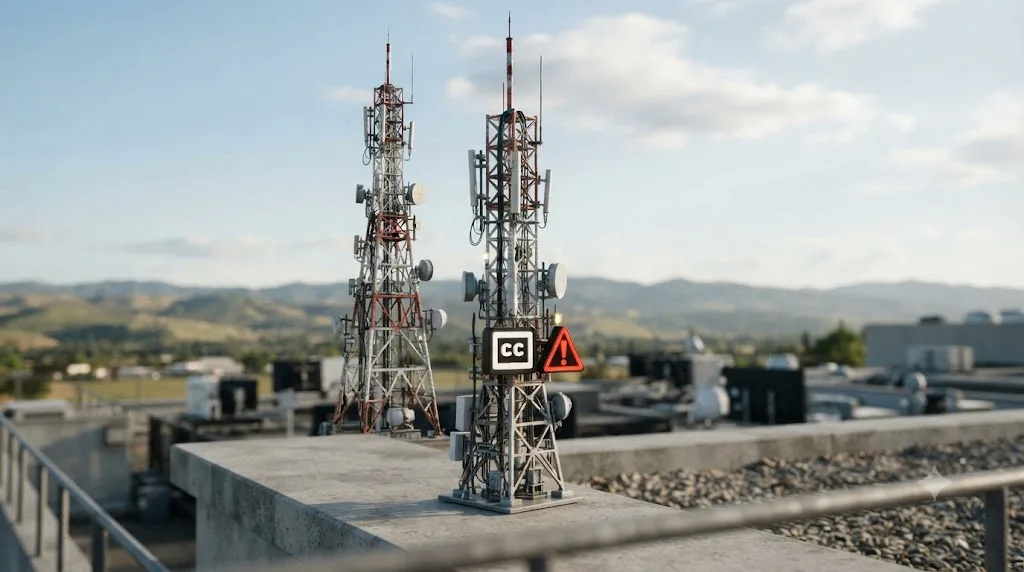 Illustration of a broadcast tower with a caption symbol and a warning icon representing a format limitation