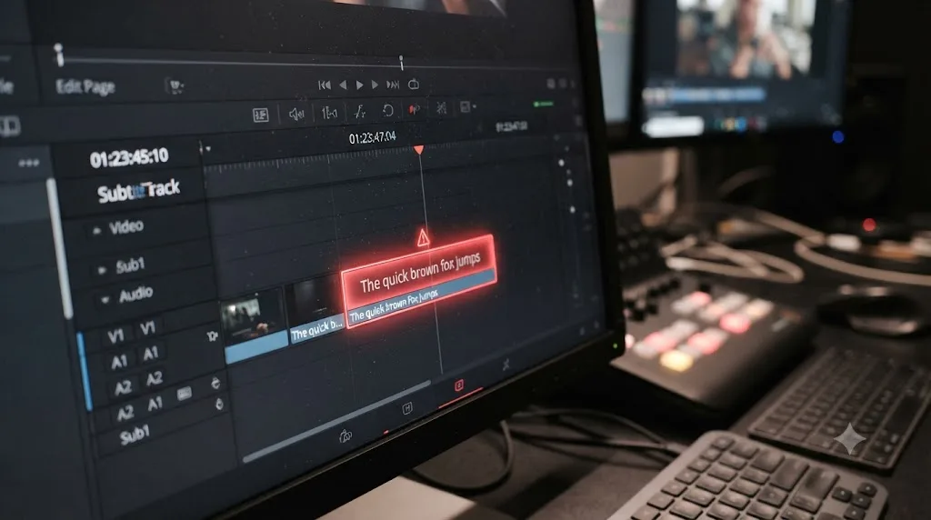 Illustration of a DaVinci Resolve subtitle clip highlighted red to flag a reading-speed warning