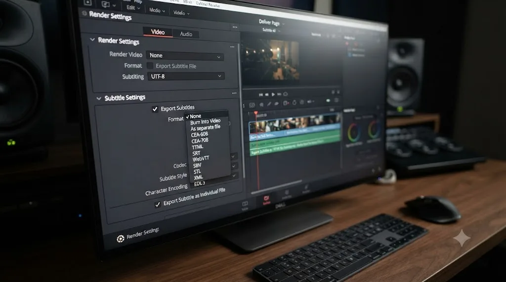 Illustration of the DaVinci Resolve Deliver page with the Subtitle Settings panel open