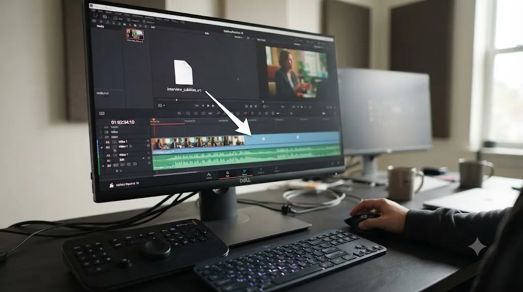 Illustration of a subtitle file being imported into a DaVinci Resolve timeline