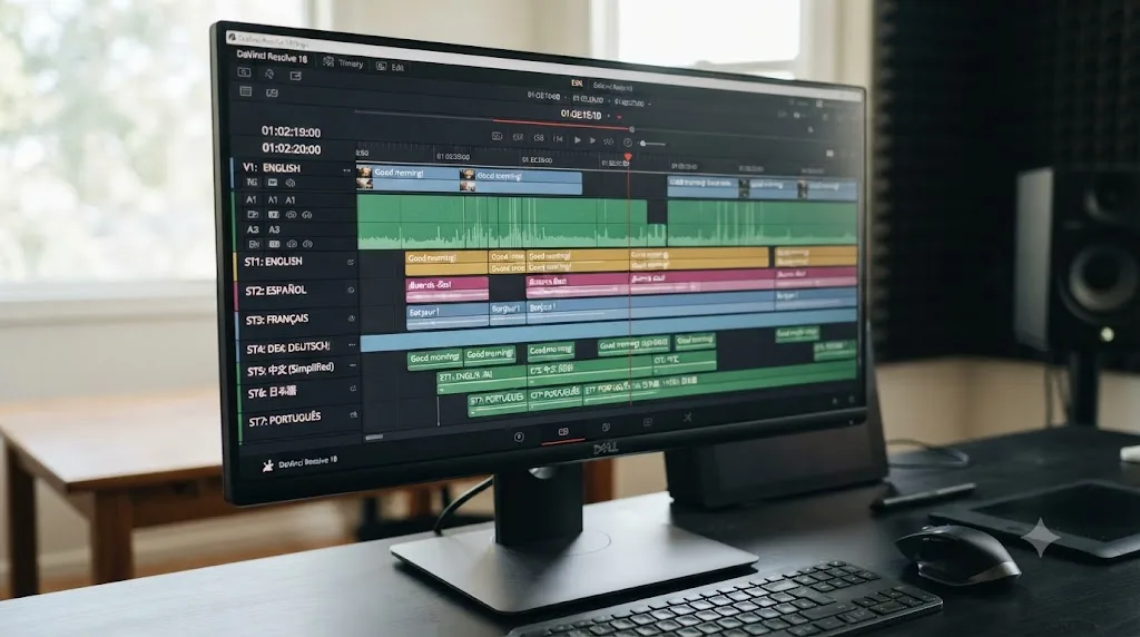 Illustration of multiple stacked subtitle tracks labeled with different language names in DaVinci Resolve