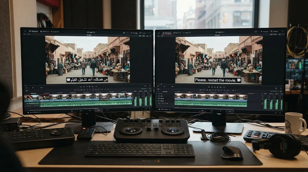 Illustration of right-to-left Arabic subtitle text on a video frame next to left-to-right English subtitle text