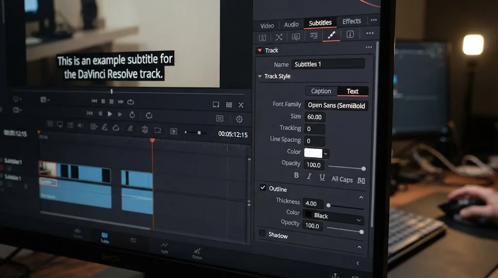 Illustration of the DaVinci Resolve Inspector panel's Track tab with font and outline style controls for subtitles