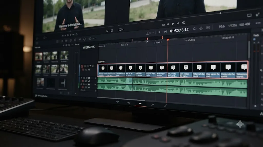 Illustration of a DaVinci Resolve timeline with a highlighted subtitle track and caption bubble icons