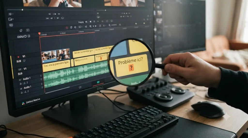 Illustration of a magnifying glass inspecting a DaVinci Resolve subtitle track for a troubleshooting issue