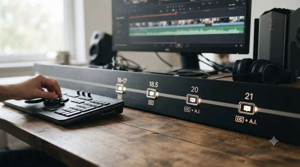 Illustration of a version timeline showing four milestones in DaVinci Resolve's subtitle feature history