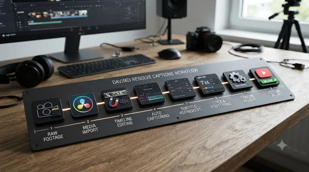 Illustration of an eight-step workflow diagram from raw footage to a captioned YouTube upload in DaVinci Resolve