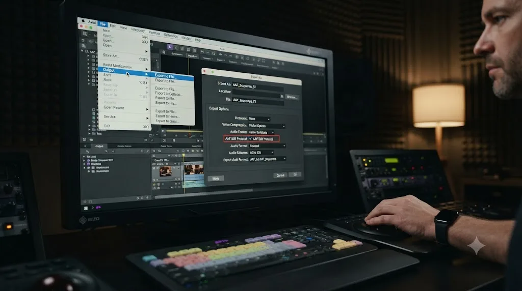 Illustration of the Avid Media Composer Export to File dialog with the AAF Edit Protocol checkbox selected