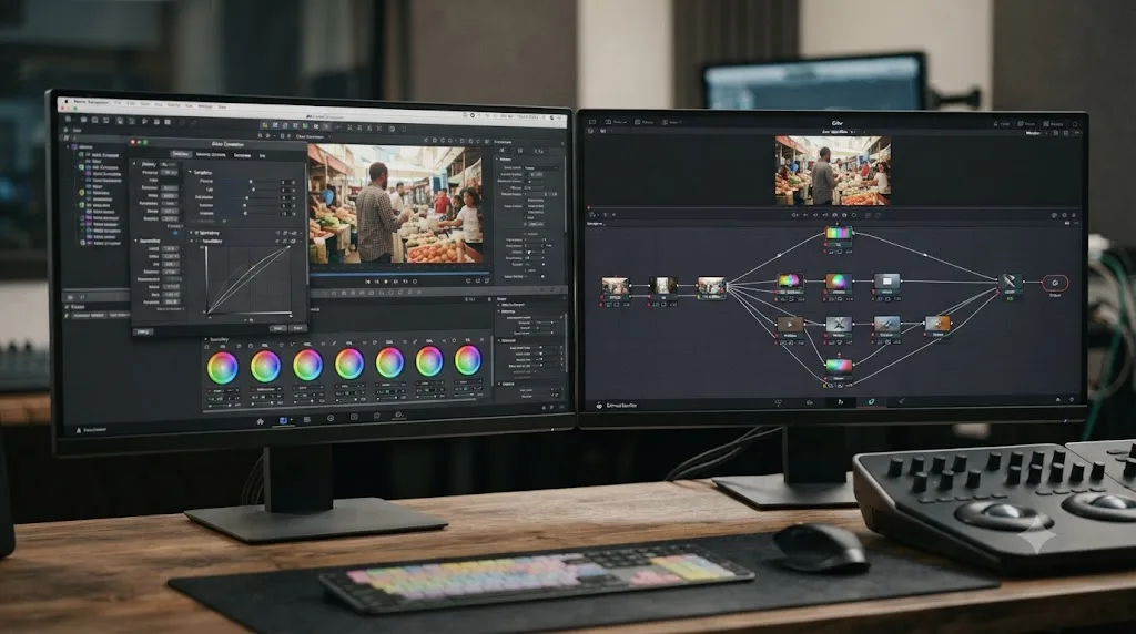 Illustration comparing Avid Media Composer's Symphony color tools to DaVinci Resolve's node based Color page
