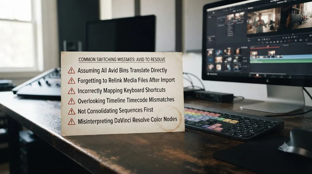 Illustration of a checklist card listing common mistakes editors make when switching from Avid Media Composer to DaVinci Resolve