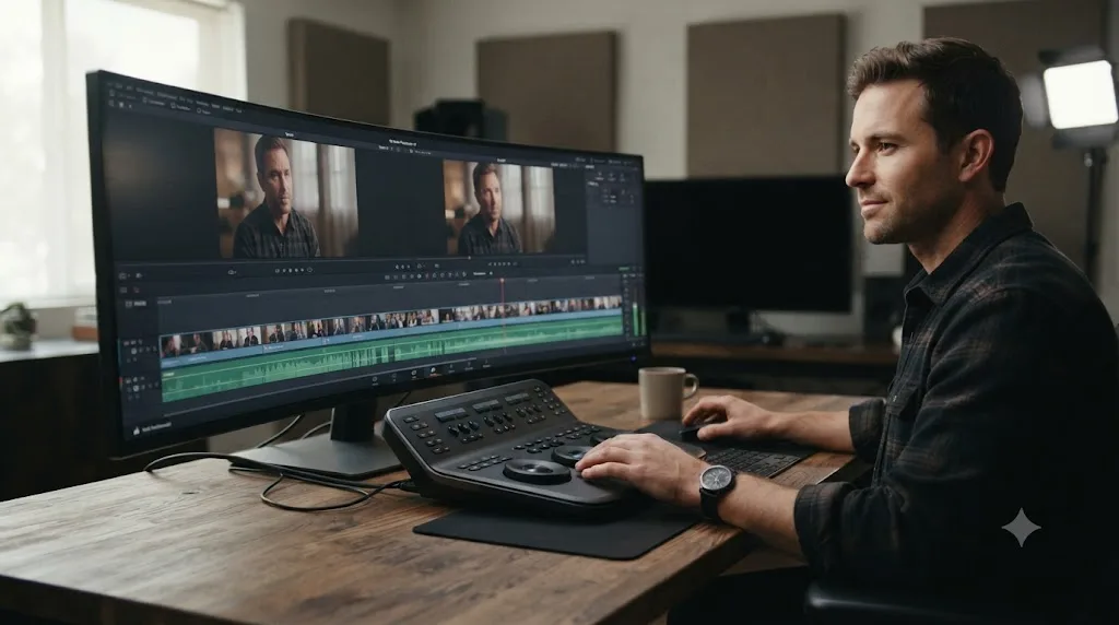 Illustration of an editor working confidently in the DaVinci Resolve Edit page with familiar Source and Record monitors while other pages remain untouched