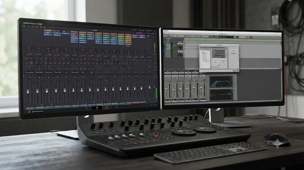 Illustration comparing DaVinci Resolve's Fairlight audio console to Avid Media Composer's simpler AudioSuite based audio panel