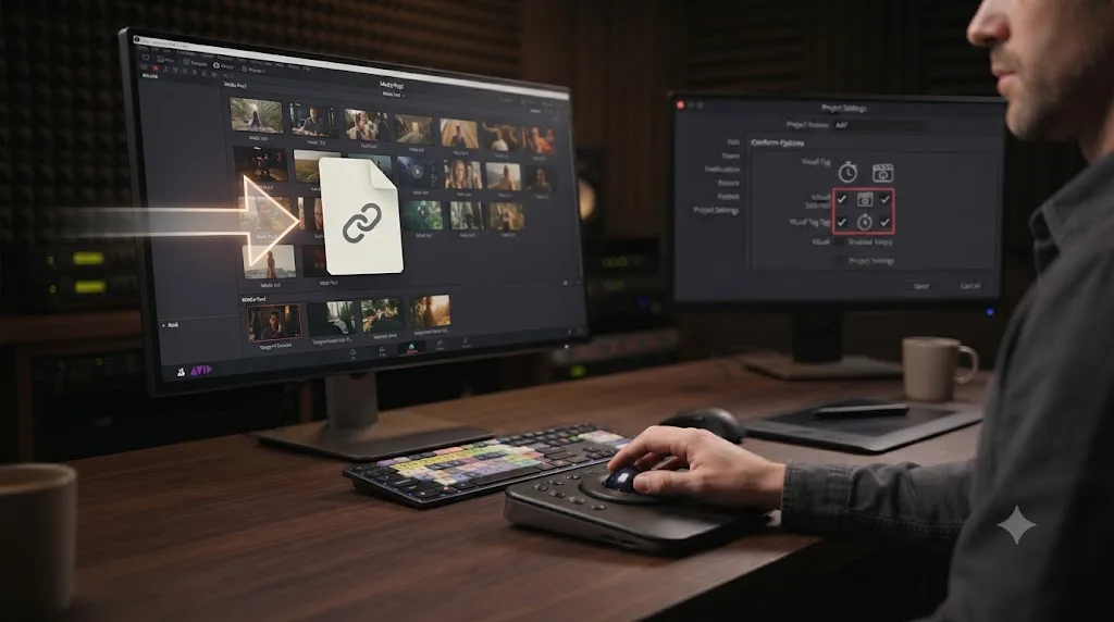 Illustration of an AAF file being imported from Avid Media Composer into the DaVinci Resolve Media Pool with Conform Options configured