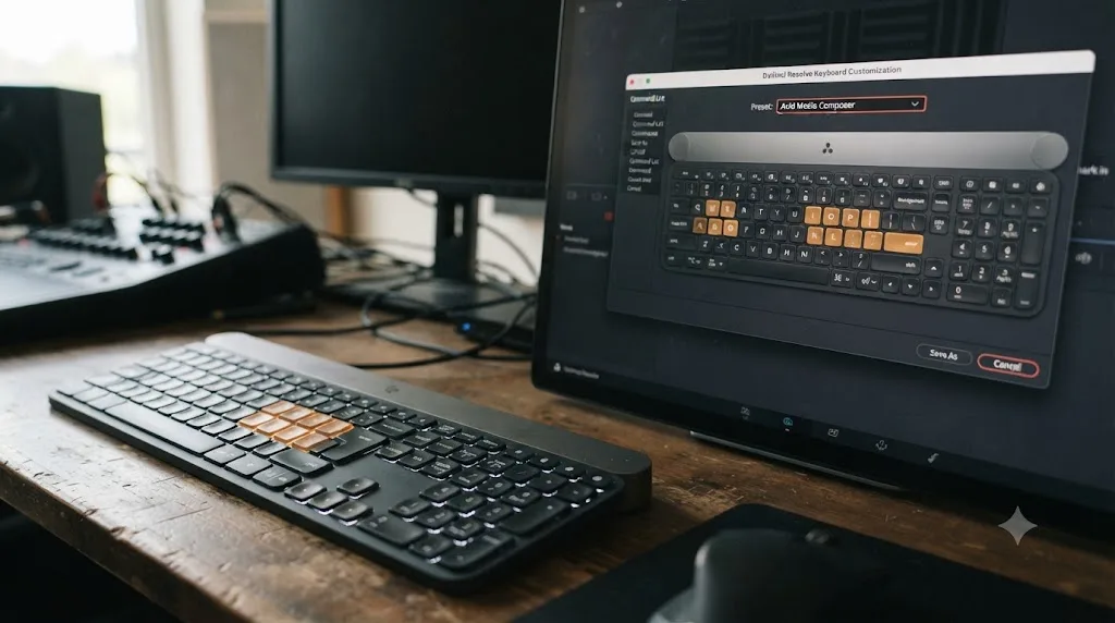 Illustration of a keyboard next to the DaVinci Resolve keyboard customization window with the Avid Media Composer preset selected