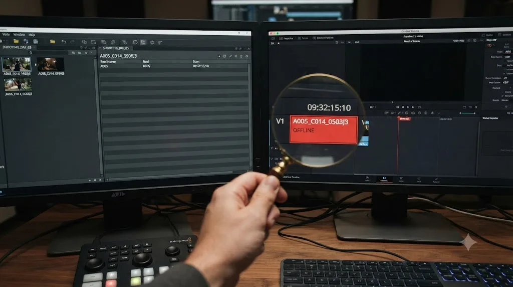 Illustration of a reel name and timecode mismatch causing offline media between Avid Media Composer and DaVinci Resolve