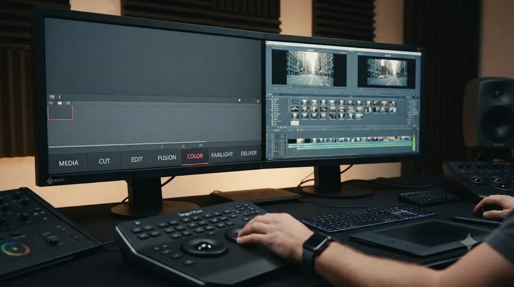 Illustration of DaVinci Resolve's seven page tabs next to an Avid Media Composer bin window with Source and Record monitors