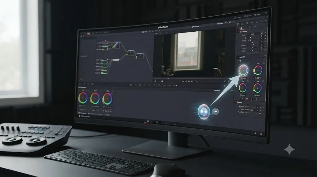 Illustration of an assistant overlay pointing at a specific control inside DaVinci Resolve's Color page