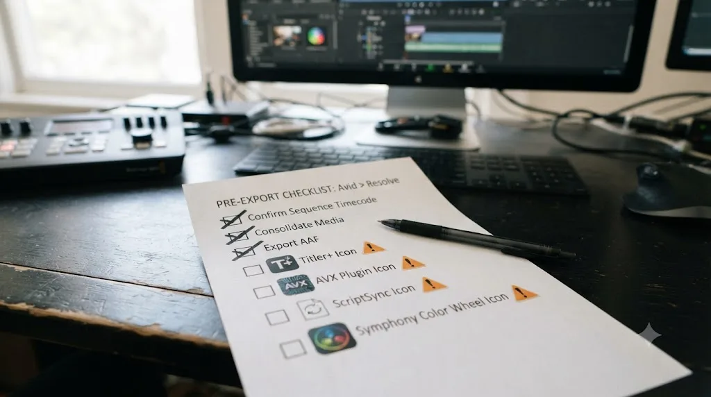 Illustration of a pre-export checklist for items that do not survive the transfer from Avid Media Composer to DaVinci Resolve