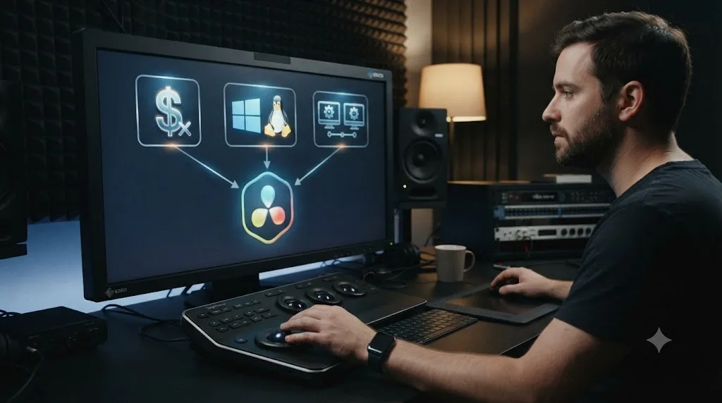 Illustration of three reasons editors switch from Avid Media Composer to DaVinci Resolve: subscription cost, platform reach, and studio standardization
