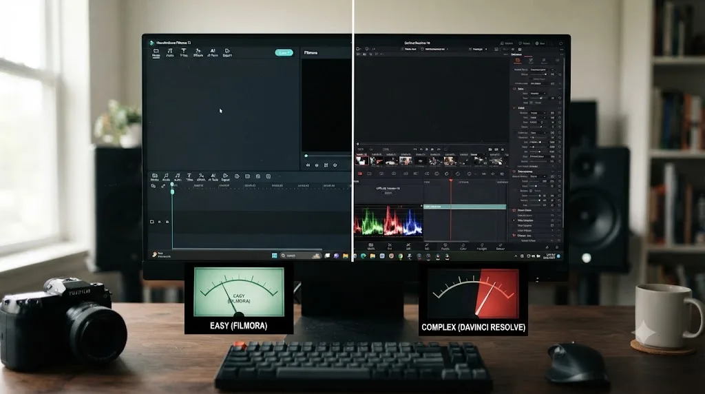 Illustration comparing the interface complexity of Filmora's single toolbar to DaVinci Resolve's seven page layout
