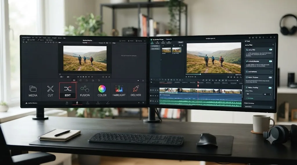 Illustration comparing recurring Filmora subscription costs to DaVinci Resolve's free edition and one-time Studio payment