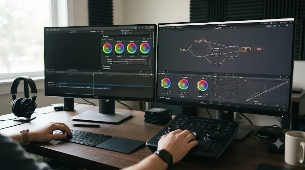 Illustration comparing Final Cut Pro's Color Board to DaVinci Resolve's node based Color page