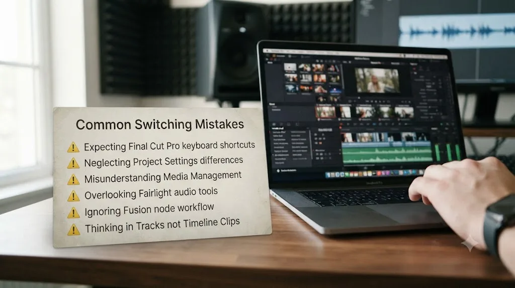Illustration of a checklist card listing common mistakes Final Cut Pro editors make when switching to DaVinci Resolve