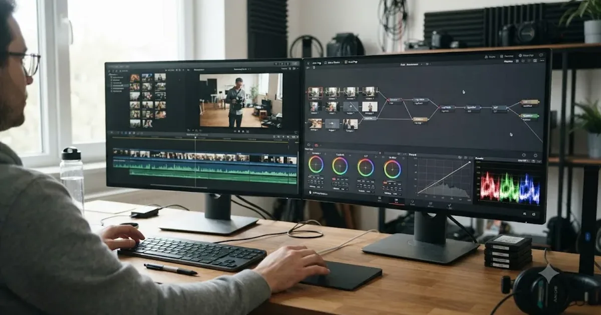 Illustration of a Final Cut Pro magnetic timeline transforming into a DaVinci Resolve node based color grading workspace