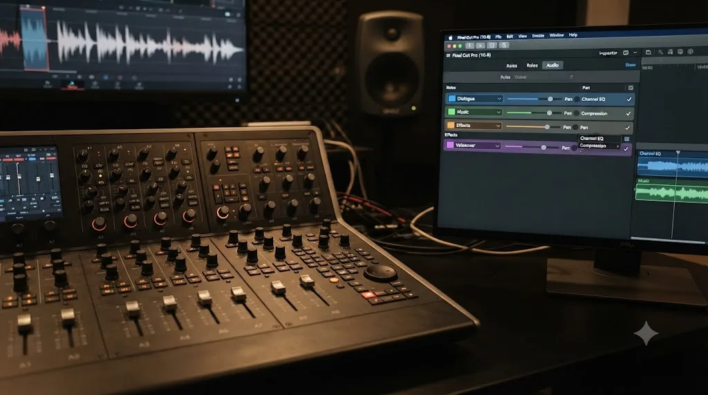 Illustration comparing DaVinci Resolve's Fairlight audio console to Final Cut Pro's simpler Roles based audio panel
