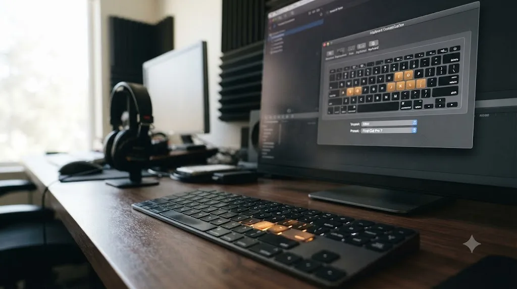 Illustration of a keyboard next to the DaVinci Resolve keyboard customization window with the Final Cut Pro 7 preset selected