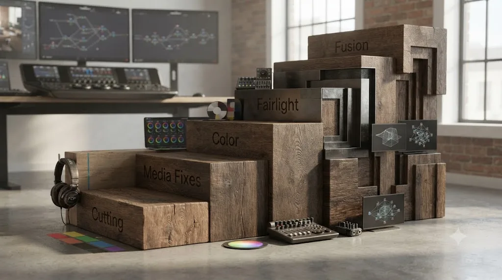 Illustration of a staircase representing the increasing learning curve across DaVinci Resolve's cutting, color, and audio skills for a Final Cut Pro switcher