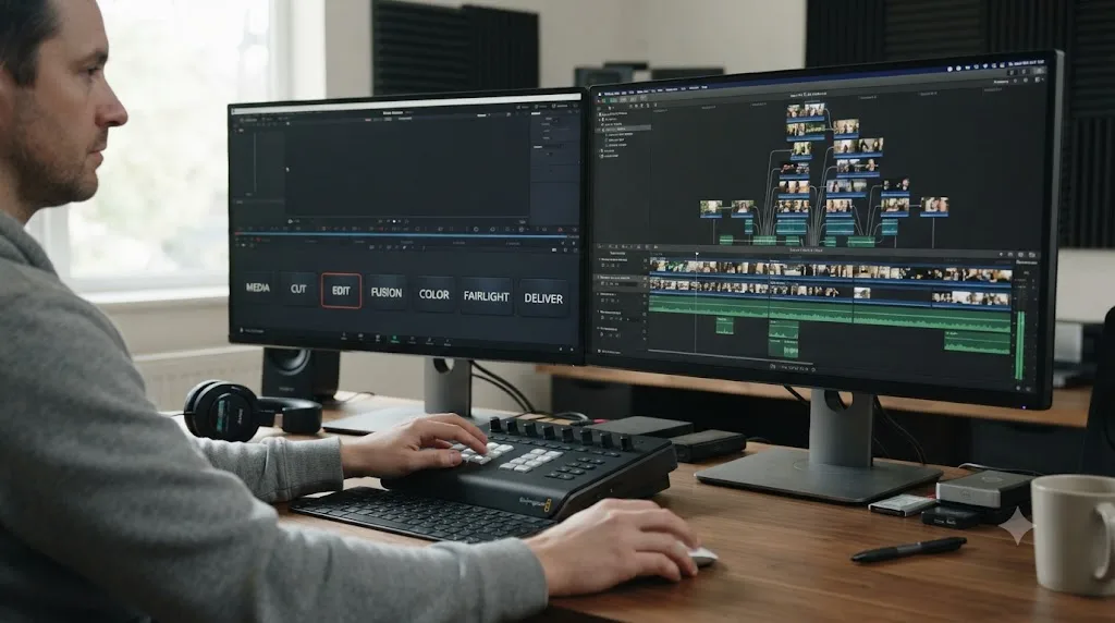 Illustration of DaVinci Resolve's seven page tabs next to a Final Cut Pro magnetic timeline with connected clips