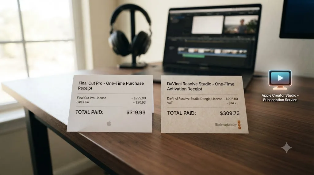 Illustration comparing a one-time Final Cut Pro payment to a one-time DaVinci Resolve Studio payment
