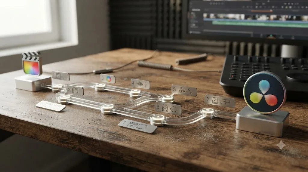 Illustration of a seven step numbered path leading from Final Cut Pro to DaVinci Resolve