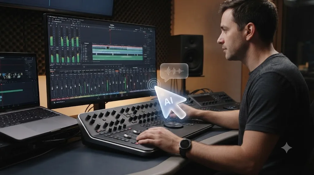 Illustration of an assistant overlay pointing at a specific control inside DaVinci Resolve's Fairlight page