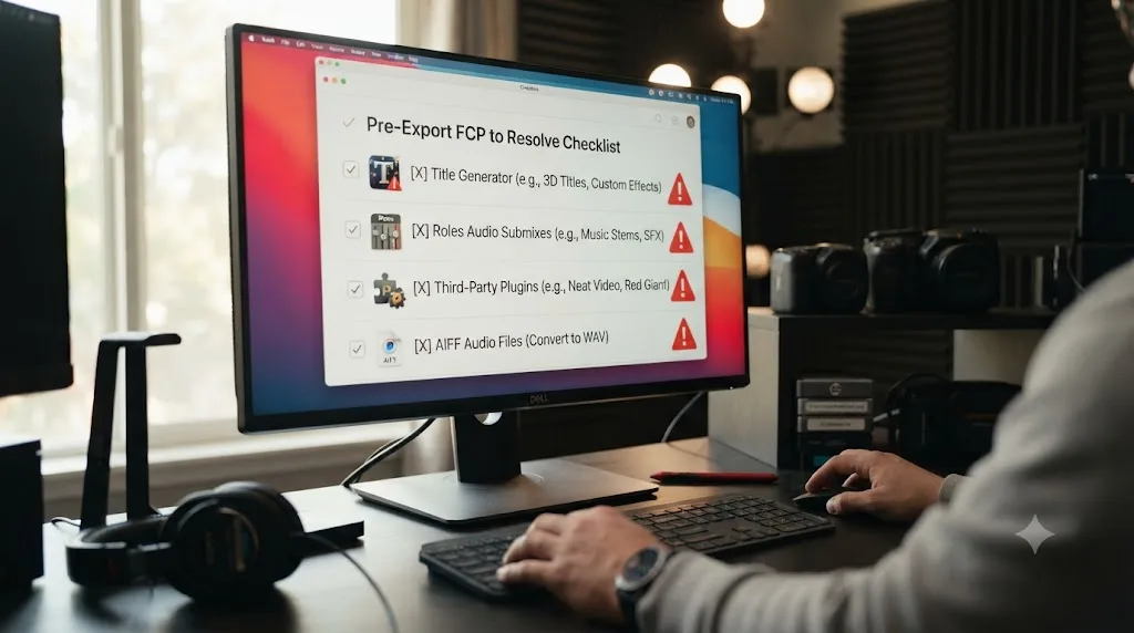 Illustration of a pre-export checklist for items that do not survive the transfer from Final Cut Pro to DaVinci Resolve