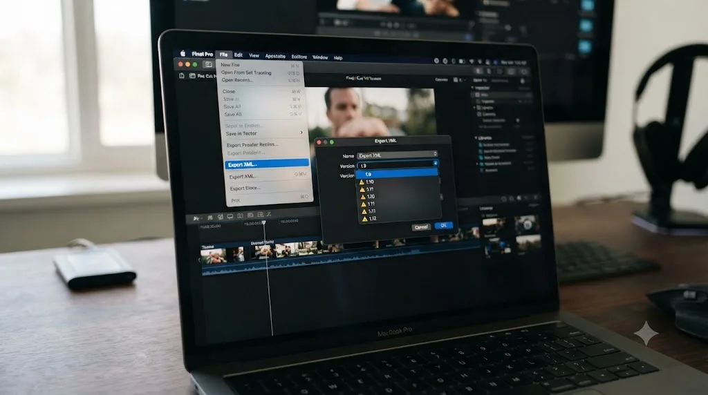 Illustration of the Final Cut Pro Export XML dialog with version 1.9 selected