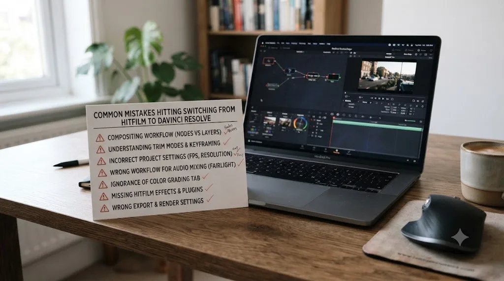 Illustration of a checklist card listing common mistakes HitFilm editors make when switching to DaVinci Resolve