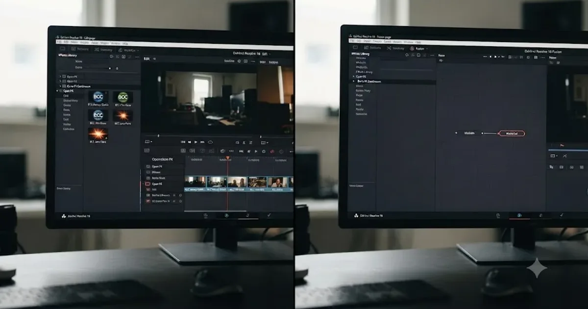 Illustration of a simple iMovie style timeline transforming into a DaVinci Resolve node based color grading workspace