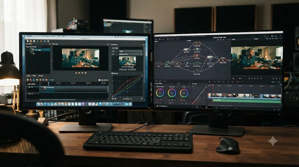 Illustration comparing OpenShot's LUT based color tools to DaVinci Resolve's node based Color page