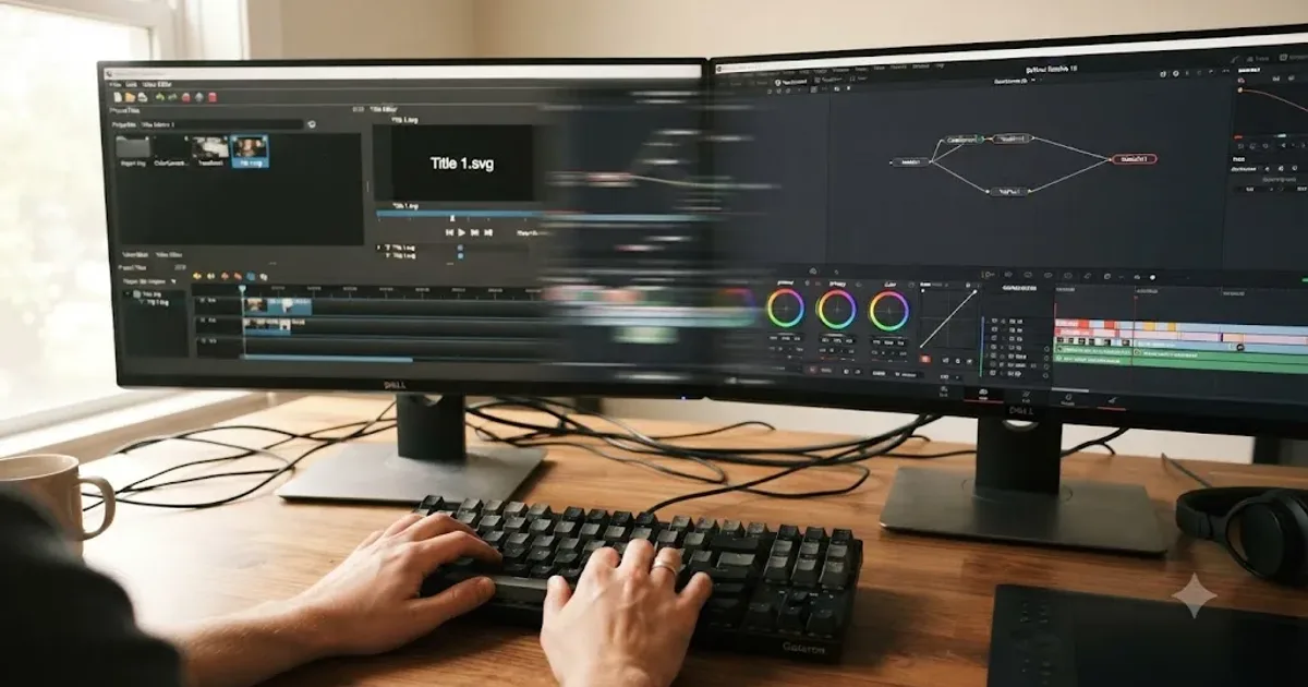 Illustration of an OpenShot timeline with title templates transforming into a DaVinci Resolve node based Fusion and Color workspace